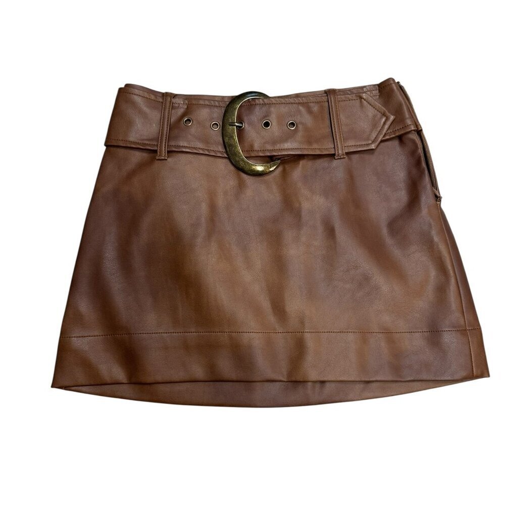 Show Me Your Mumu Maverick Mini Skirt XS NWT – Brown Faux Leather Belted
